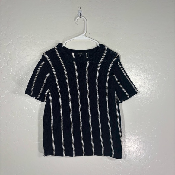 Theory Emmeris Ibisco Navy White Striped Knit Short Sleeve Top Womens Size M - Picture 1 of 8